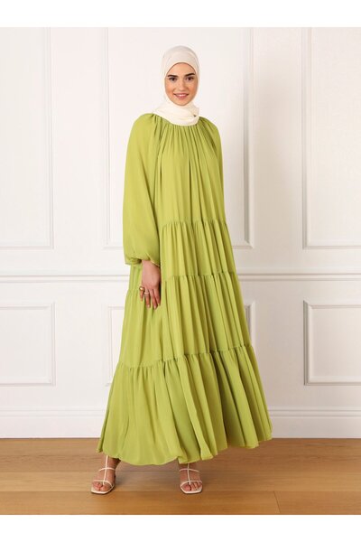 Refka فستان سهرة حجاب شيفون واسع القطع مع تفاصيل جيب على الياقة - أخضر زيتي -