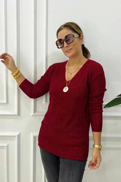 Bİ.GİYSEN Women's Red V-Neck Lycra Glitter Thin Knitwear Blouse