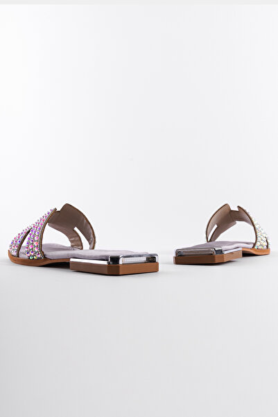 Capone Outfitters Blunt Toe Stoned Banded Metal Heel Detailed Satin Women's Slippers