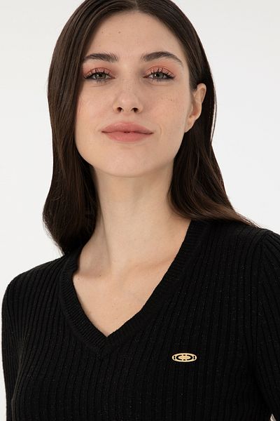 U.S. Polo Assn. Women's Black V-Neck Silvery Sweater 50297398 -Vr046