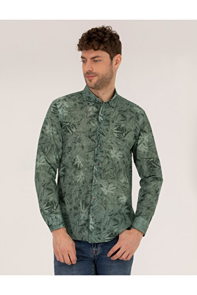 Pierre Cardin قميص كاكي بقصة ضيقة وأكمام طويلة 50266603-VR027