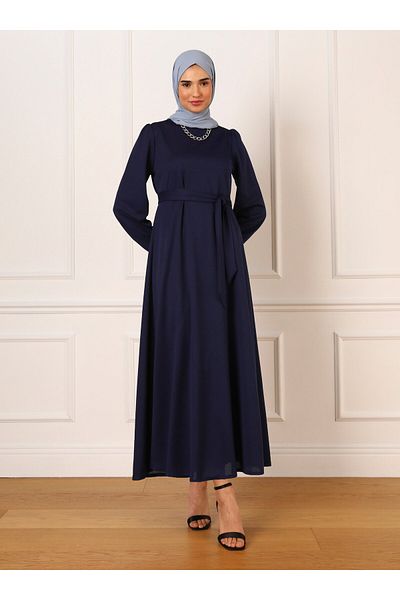Refka Comfortable Hijab Dress with Belt Detail - Navy Blue - Refka