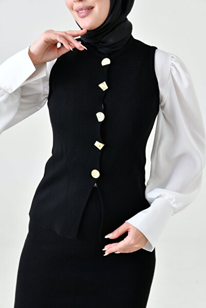 bayansepeti Hijab Suit Buttoned Sleeveless Cardigan High Waist Midi Skirt Bottom Top Black Knitwear Hijab Suit 5155