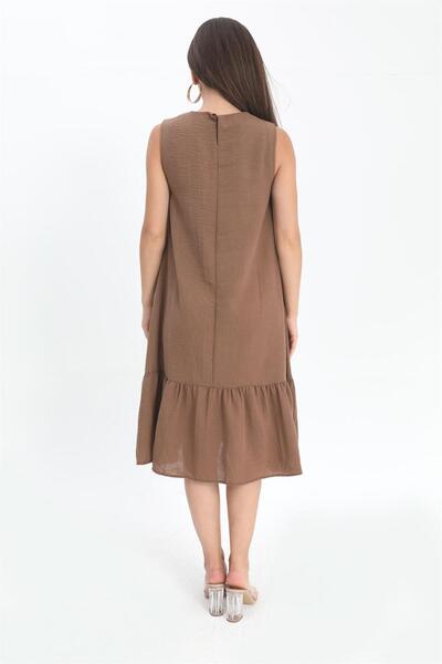 VAPUR TEKSTİL Brown Linen Sleeveless Loose Women's Dress - Crystal