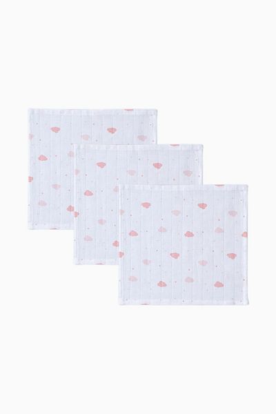 Uygun Bebe 3-Piece Muslin Baby Mouth Diapers Cloud Patterned Pink 25x25 cm