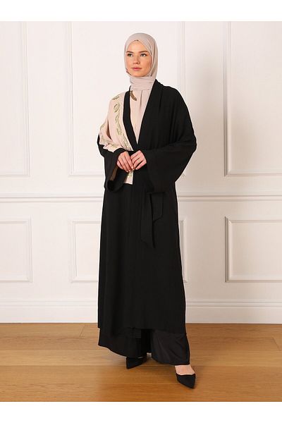 Refka Embroidery Detailed Belted Evening Dress Ferace - Black Beige - Refka