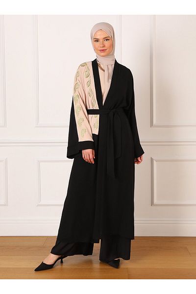 Refka Embroidery Detailed Belted Evening Dress Ferace - Black Beige - Refka