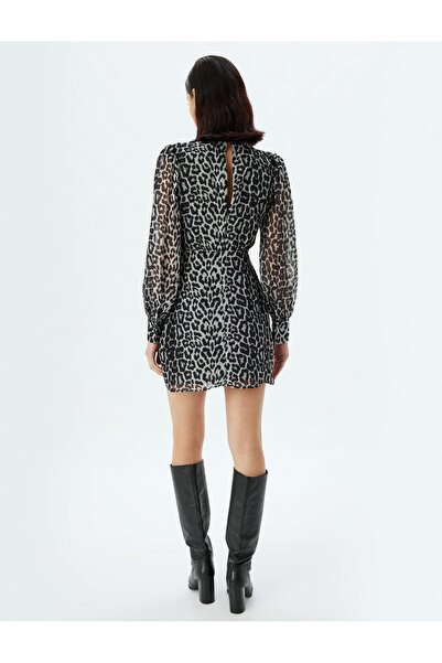 Koton Leopar Desenli Elbise Şifon Mini Boy Uzun Kollu Fular Yaka