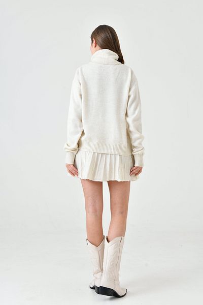 WOMAN VISION Beige Knitwear Fabric - Oversize Turtleneck Sweater and Pleat Mini Skirt Set 9903