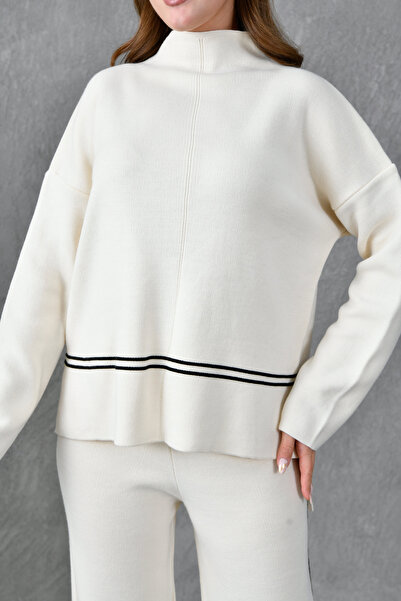 bayansepeti Ευέλικτο πλεκτό ριγέ λεπτομέρεια Πουλόβερ υπερμεγέθη και ψηλόμεσο φαρδύ παντελόνι Κρέμα πλεκτό κοστούμι 3040