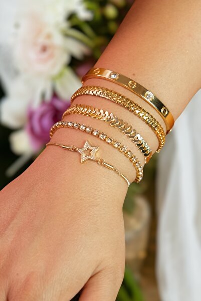 TAKIPORT Gold Renk 5 Parçalı Zirkon Taşlı Asansörlü Ayarlanabilir Bileklikli Kadın Bileklik Seti