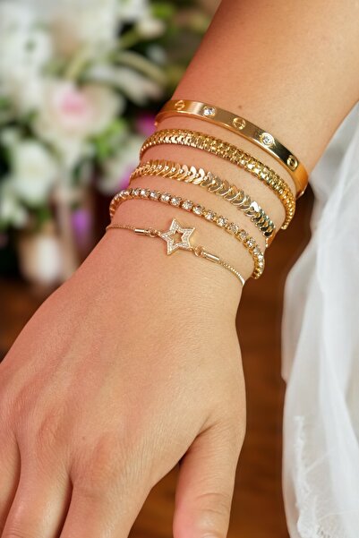TAKIPORT Gold Renk 5 Parçalı Zirkon Taşlı Asansörlü Ayarlanabilir Bileklikli Kadın Bileklik Seti