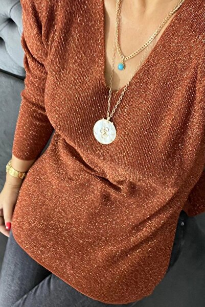 Bİ.GİYSEN Women's Copper V-Neck Lycra Outer Glittery Inner Soft Thin Knitwear...