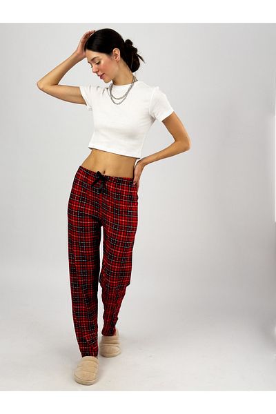 Betimoda Red Green Plaid Checkered Women's Velvet Pajama Bottoms Tracksuit Cotton Plus Size