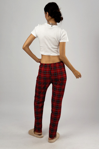 Betimoda Kırmızı Yeşil Ekoseli Kareli Kadın Kadife Pijama Altı Eşofman Pamuklu Büyük Beden