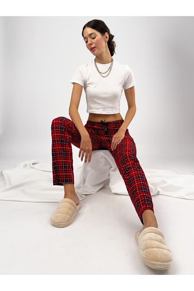 Betimoda Red Green Plaid Checkered Women's Velvet Pajama Bottoms Tracksuit Cotton Plus Size