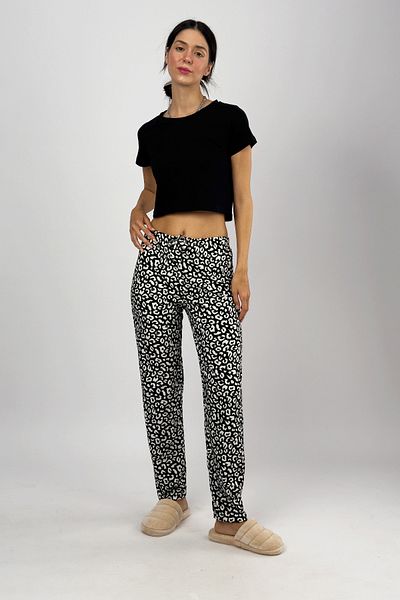 Betimoda Pantaloni de pijama de femeie din catifea cu puncte alb-negru. Trening din bumbac