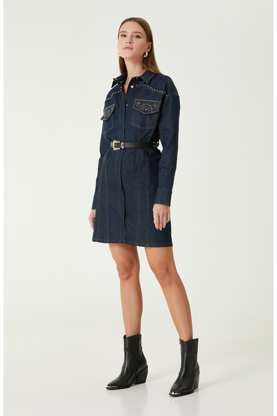 Network Koyu Indigo Mavi Trok Detaylı Denim Elbise
