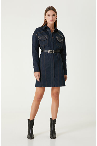 Network Koyu Indigo Mavi Trok Detaylı Denim Elbise