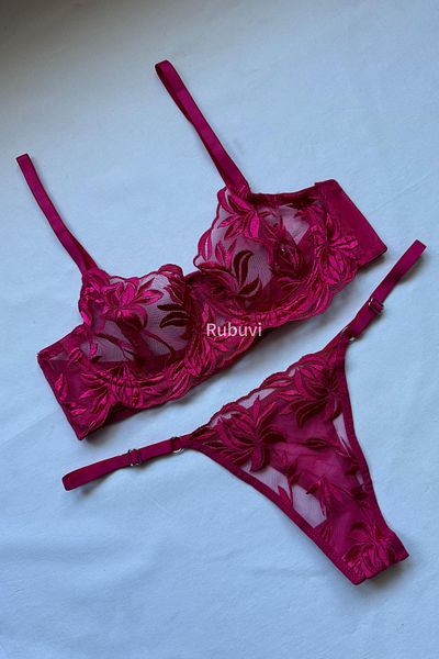 Rubuvi Fuchsia Women's Rose Underwire Lace Bralet Dowry Underwear Bra Panty Laundry Set