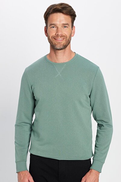 Tudors Unisex Relax Fit Rahat Kesim %100 Pamuk Basic Yeşil Bisiklet Yaka Sweatshirt