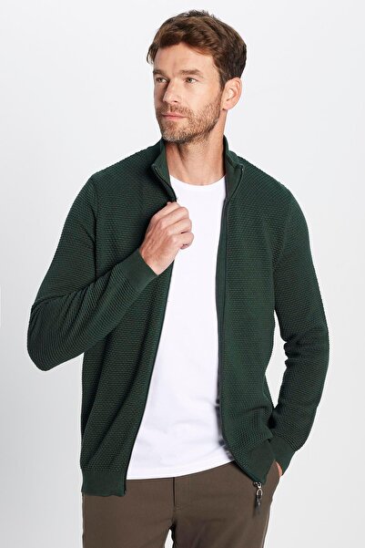 Tudors Men's Print Half Turtleneck Zippered Green Cardigan
