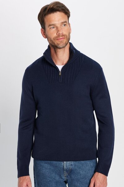 Tudors Navy Blue Slim Fit Dobby Zippered Men's Sweater - Stand Collar