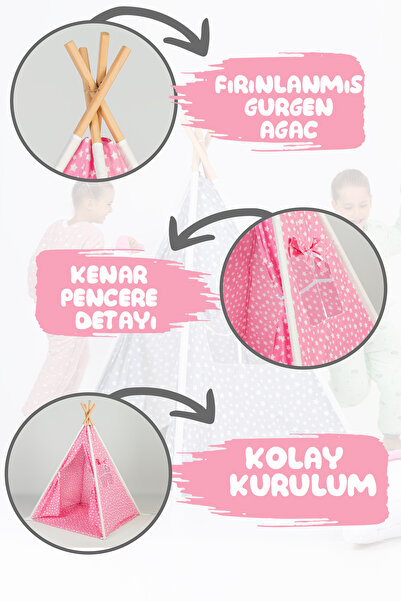 BabyModa Çocuklar İçin Geniş Kızılderili Ahşap Direkli Oyun Çadırı ve Rahatlatıcı Ev & Bahçe Oyun Alanı Minde