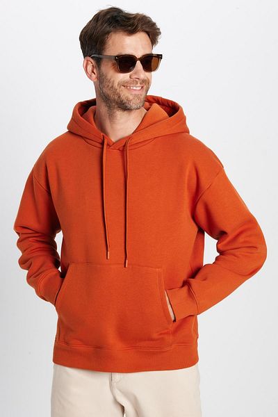 Tudors Unisex Oversize Wide Cut Cotton Soft Textured Basic Brick Color Hooded Sweatshirt