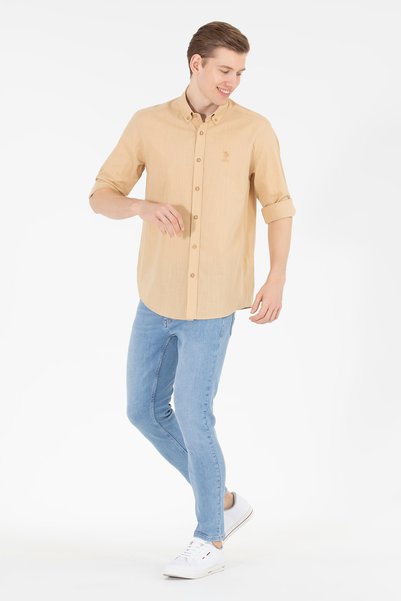 U.S. Polo Assn. Cămașă cu mânecă lungă Camel pentru bărbați 50269859-VR015