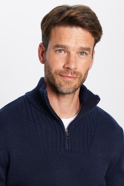 Tudors Navy Blue Slim Fit Dobby Zippered Men's Sweater - Stand Collar