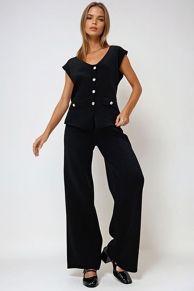 VAGGON Black Knitwear Vest and Palazzo Trousers Set - Metal Button and Pocket Detailed Prm1259