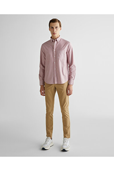 Gant Erkek Kırmızı Regular Fit Düğmeli Yaka Çizgili Gömlek