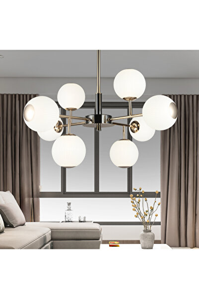 Apliqa Sofia 8'li Siyah Gold 80 Watt Yuvarlak Modern Oturma Odası, Salon Avize