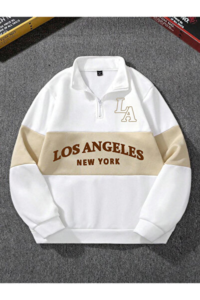 Altamira Unisex Bej Los Angeles Baskılı Oversize Parçalı Polo Yaka Fermuarlı Sweatshirt