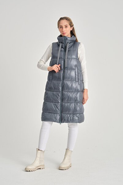 della moor Women's Petrol Blue Shiny Stand Collar Vest