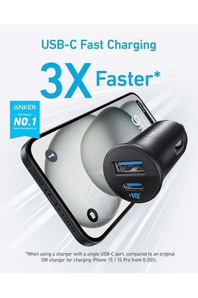 Anker 30W car charger features a compact design, fast charging, two USB ports, and a Type-C port.