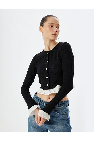 Koton Crew Neck Slim Fit Crop CarDigan - ButtoneD anD Ruffle Detail