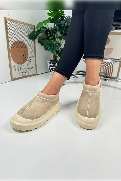 İmerShoes Καθημερινές γυναικείες μπότες Μπεζ με χοντρό τακούνι με μοτίβο σόλα με γούνα εσωτερικά ρυθμιζόμενο ελαστικό μποτάκι 357