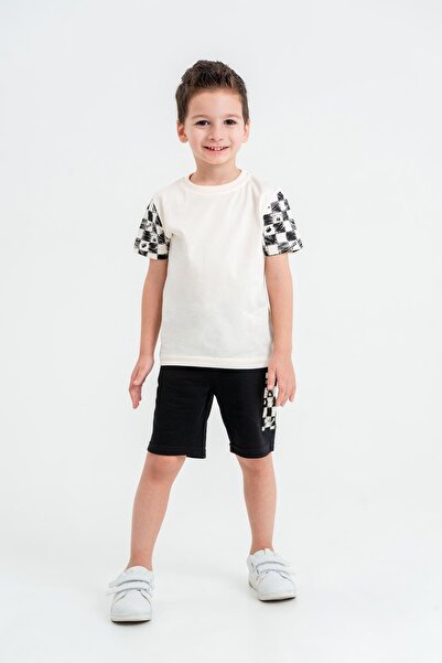 Mışıl Kids Boys' T-Shirt Shorts Set with Checkerboard Pattern on Sleeves