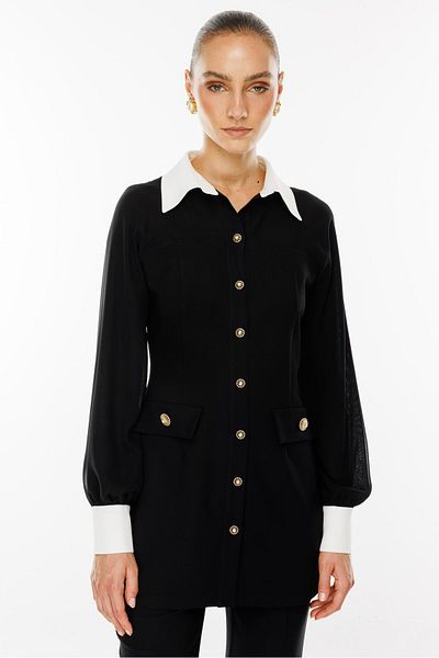 Moda İlgi Black Chiffon Tunic - Modailgi, Button Detail and Mix Fabric