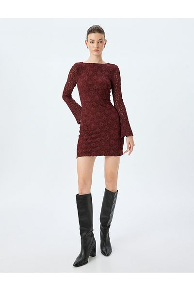 Koton Lace Detail Long Sleeve Low Back Detail Mini Pencil Dress