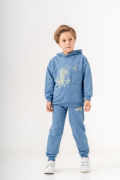 Mışıl Kids Dinosaur Make Some Noise Printed Leg Print Detailed Hooded Boy's B...