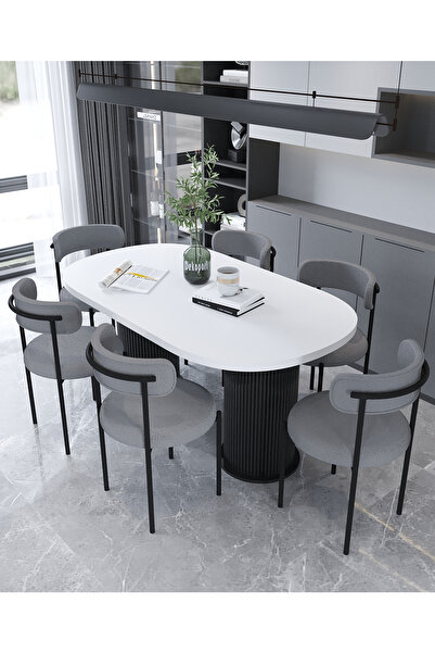 Dekoport Eylül Masa Sandalye Takımı Yemek Masası 6 Sandalye Teddy-Bukle Kumaş...