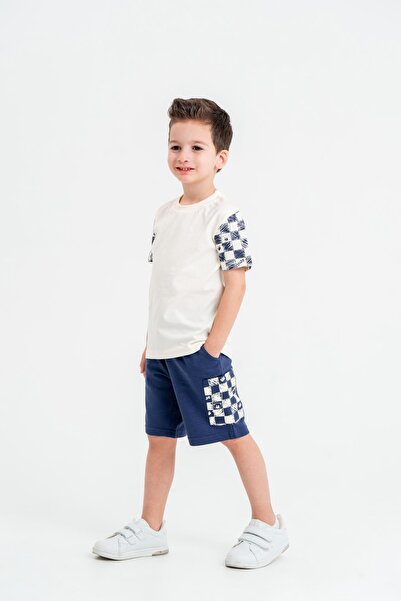 Mışıl Kids Boys' T-Shirt Shorts Set with Checkerboard Pattern on Sleeves