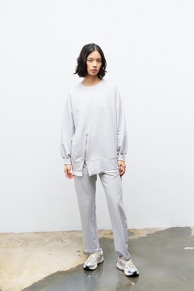 Basicpark Painted Gray Women's Skirt Single Jersey Zipper Detailed Elastic Waist Cotton Knitted Bottom Top Set