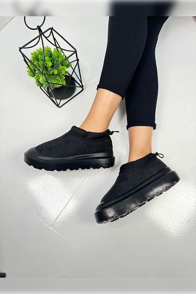 İmerShoes Καθημερινές γυναικείες μπότες Μαύρες χοντρές γόβες με μοτίβο σόλα με γούνα εσωτερικά ρυθμιζόμενο ελαστικό μποτάκι 357