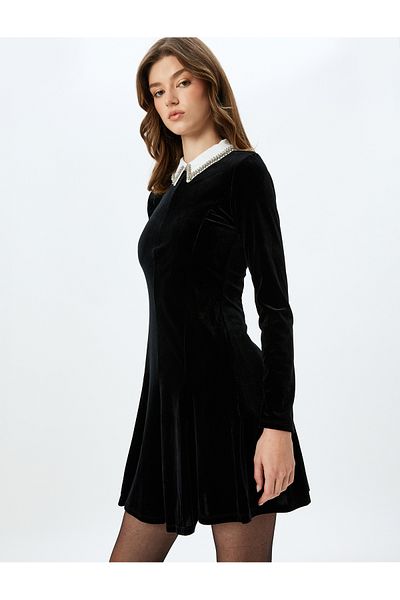 Koton Slim Fit Rhinestone Shirt Neck Long Sleeve Mini Velvet Dress