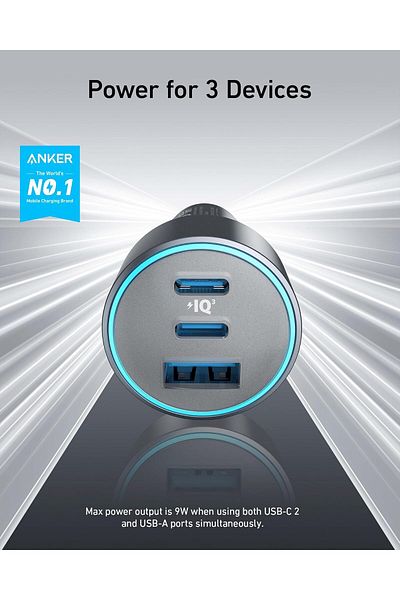 Anker 535 67W Car Charger (2 USB-C & 1 USB-A Port) Car Charger with PIQ 3.0, Silver