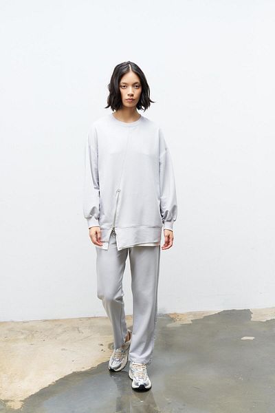 Basicpark Painted Gray Women's Skirt Single Jersey Zipper Detailed Elastic Waist Cotton Knitted Bottom Top Set